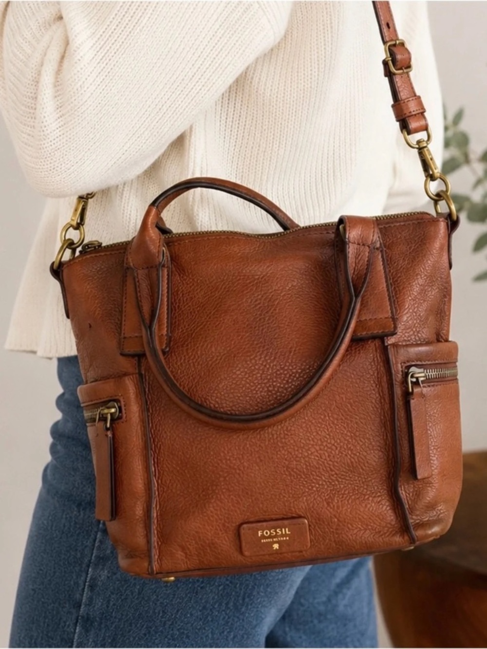 Fossil Emerson Medium Pebbled Leather Satchel Handbag Cognac/Brown - Picture 2 of 14